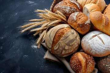 Various freshly baked bread on dark surface banner room for text Assortment of artisan bread and wheat ears