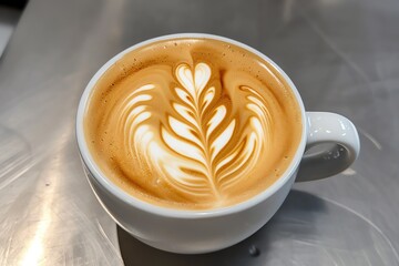 A creamy latte art in a white ceramic cup.