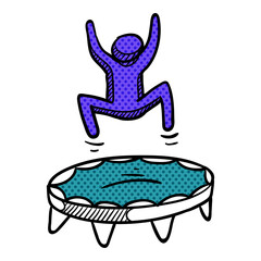 Hand drawn man jump trampoline halftone color vector illustration