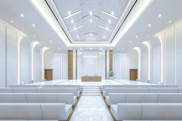 Obraz premium Modern white judiciary courtroom with comfortable seating and high ceilings