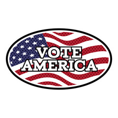 Vote now text on United States flag background. Sticker emblem vector illustration