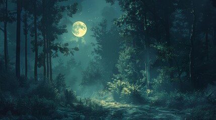 Enchanted Forest Path under Full Moonlight with some Glowing Fireflies and Trees in Night Scene