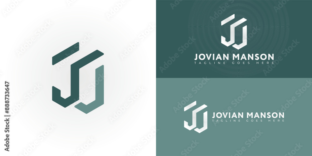 Aufkleber abstract initial hexagon letter jm or mj logo in green color isolated on multiple background colors.