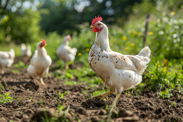 Fototapeta premium Broiler chicken in an outdoor poultry farm