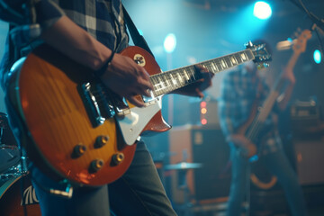 Music band group perform on a concert stage. Guitarist on stage for background, soft and blur concept --ar 3:2 --style raw Job ID: be39534f-0936-4a4c-bb27-a28dc83d8538