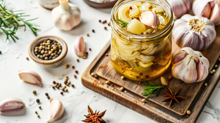 Garlic pickle in a jar on a wooden chopping board, fresh garlic cloves and spices