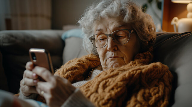 Senior Woman Wearing Glasses Uses Smartphone While Sitting On Couch