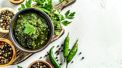 Green chili pickle in a bowl on a wooden chopping board, fresh green chilies and spices