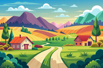 Stunning Summer Countryside Art: Idyllic Rural Landscape Illustrations & Scenic Village Backgrounds