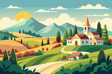 Stunning Summer Countryside Art: Idyllic Rural Landscape Illustrations & Scenic Village Backgrounds