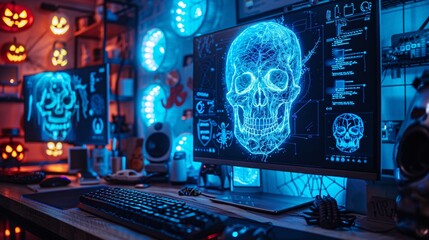 47. Halloween Day: High-tech Halloween-themed cybersecurity office, virus visualizations, neon warnings