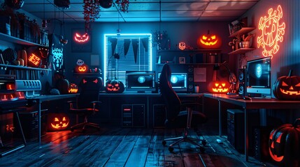 47. Halloween Day: High-tech Halloween-themed cybersecurity office, virus visualizations, neon warnings