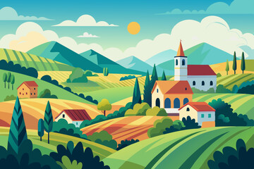 Stunning Summer Countryside Art: Idyllic Rural Landscape Illustrations & Scenic Village Backgrounds