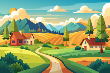 Stunning Summer Countryside Art: Idyllic Rural Landscape Illustrations & Scenic Village Backgrounds