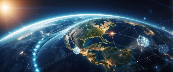 Obraz premium An illuminated Earth from space showcasing interconnected networks and glowing cities, representing global connectivity, technology, and digital communication