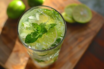 Close up of refreshing mojito cocktail with lime and mint.