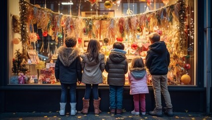 Group of small children congregating near a shop window embellished with New Year's garlands to admire the festive decorations