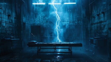30. Halloween Day: Minimalist Frankenstein's lab, single lightning rod, stark operating table