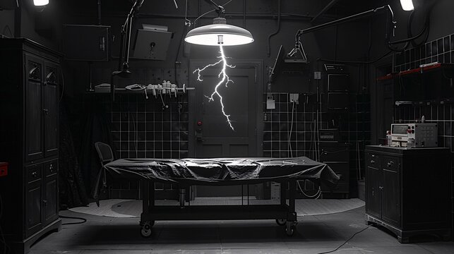 30. Halloween Day: Minimalist Frankenstein's lab, single lightning rod, stark operating table