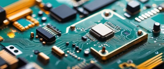 Close up of a green circuit board with a microchip, showcasing the intricate connections and components essential for technology and electronics concepts