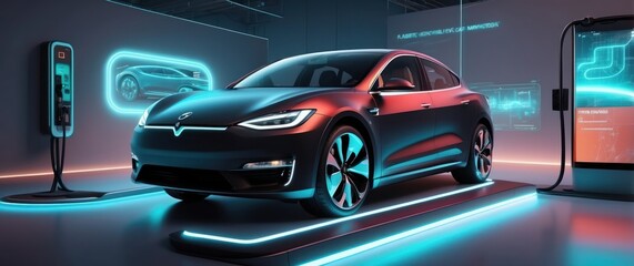 A sleek, futuristic electric car charging at a neon lit station, showcasing modern eco friendly automotive technology and design