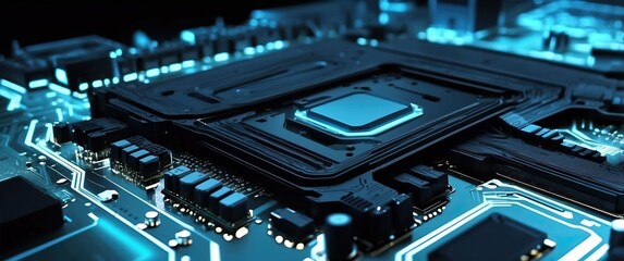 Fototapeta premium A glowing, futuristic circuit board showcasing advanced technology and innovation, perfect for themes of computing, AI, and high tech developments