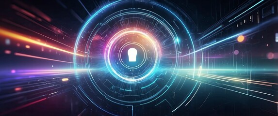 Obraz premium Futuristic digital image featuring a glowing lock symbol within a circular interface, representing technology and cybersecurity Ideal for tech related uses
