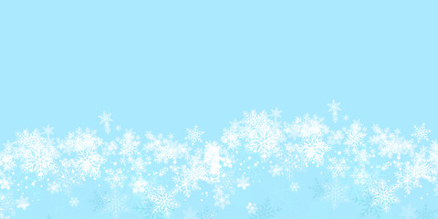 Random falling snow flakes wallpaper. Snowfall dust freeze granules. Snowfall sky white teal blue background. Many snowflakes vector. Snow nature scenery.