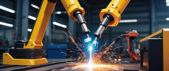 High tech industrial robotic arms welding metal with precision and sparks, showcasing automation, engineering, and manufacturing advancements