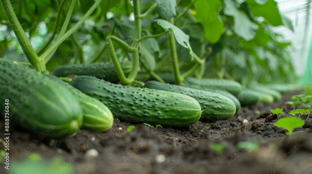 Poster organic vegetable farm with rows of cucumbers in a greenhouse generative ai