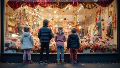 Group of young children gather near a shop window embellished with New Year decorations and garlands on the street