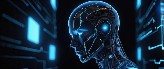 Futuristic robot with glowing blue accents, representing advanced artificial intelligence and high tech innovation in a sci fi digital environment