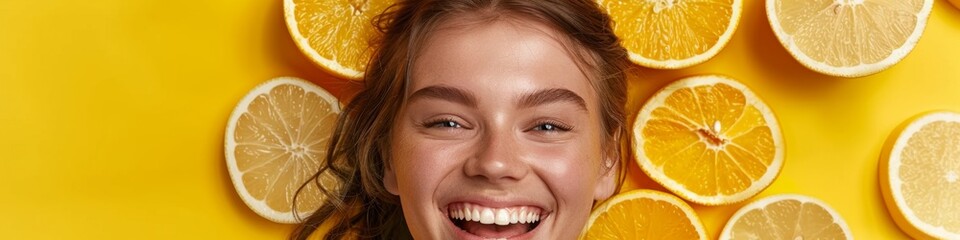 Creative Healthy Portrait of a Happy Woman Using Grapefruit for Fruit Detox, Wellness, or Natural Facial Skincare Routine. Vitamin C Rich Food, Ideal for Beauty Salon Commercial Ads, Summer Party Invi