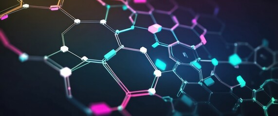 Fototapeta premium A vibrant digital illustration with colorful hexagons and connecting lines, representing technological networks and futuristic concepts