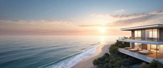 Luxurious modern beach villa overlooking the ocean at sunset, offering serene and tranquil coastal living for perfect relaxation and vacation
