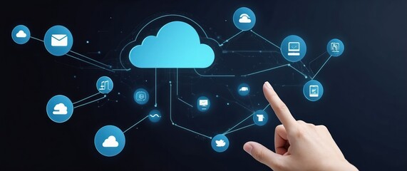 A hand interacting with a digital cloud network interface, representing cloud computing, data storage, and internet connectivity for modern technology applications