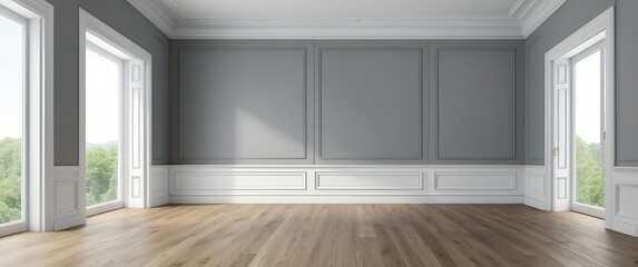Fototapeta premium Bright empty room with classic panel walls and wooden floors, flooding with natural light from large windows Ideal for modern, minimalist design concepts