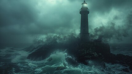 Fototapeta premium 44. Halloween Day: Haunted lighthouse, stormy seas, phantom shipwreck