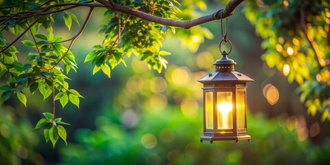 A Glimmer of Hope Lantern Hanging from a Branch in a Lush Green Forest,  Light,  Nature,  Hope,  Tranquility