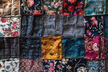 Colorful patchwork of vintage floral and geometric fabric squares sewn together with visible stitches