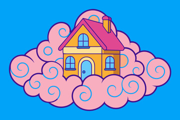 House in the Clouds. Vector art illustration.