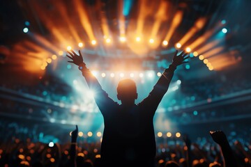 Pop star performing in front of a huge audience, bright stage lights, energetic concert atmosphere, detailed digital art