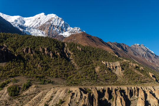 Beautiful mountainscape of the Himalayas with blue-sky background. Amazing mountain landscape view of Nepal