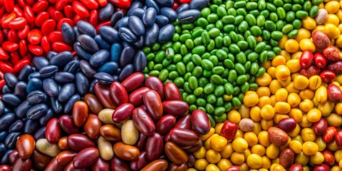 Colorful Bean Mosaic - A Close-Up of Red, Blue, Green and Yellow Beans, beans, legume, seed, mosaic