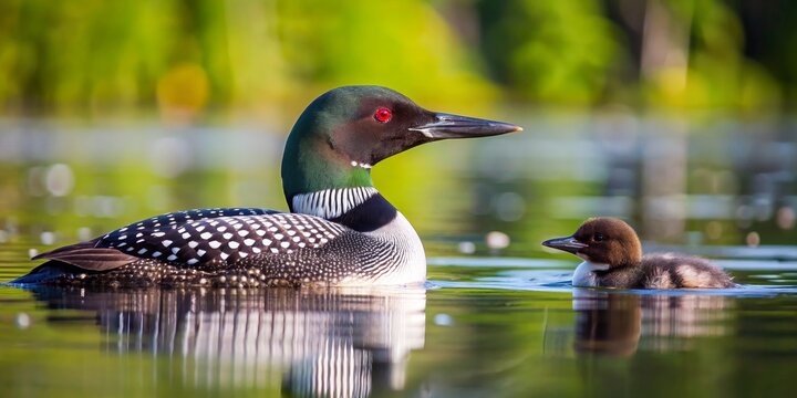Common Loon and Chick Swimming in a Lake, Nature Photography, Wildlife, Birdwatching, Loon, , loon chick, lake, nature