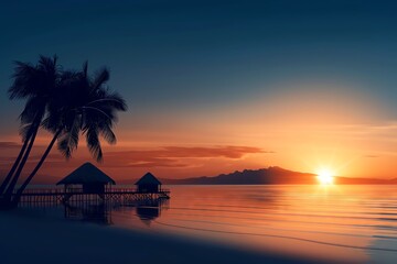 Obraz premium Tropical resort illustration, sunset, beach huts, and palm trees, summer vibe, suitable for backgrounds and flyers
