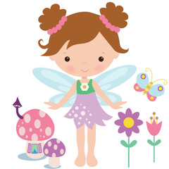 Cute little garden  fairy with a magic wand
vector cartoon illustration