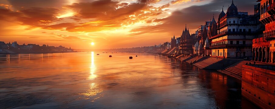 Sunset scene at Varanasi's Manikarnika Ghat, historical architecture, holy river Ganges, vibrant and detailed digital art