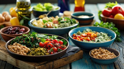 Fototapeta premium Mediterranean dishes on table with fresh vegetables, olives, chickpeas, and greens. Healthy, colorful, home-made meal.