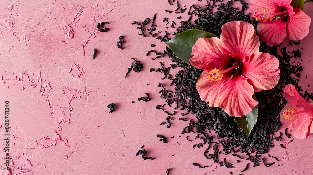 Poster A floor and a wall with focus on spilled black tea leaves with a view from above